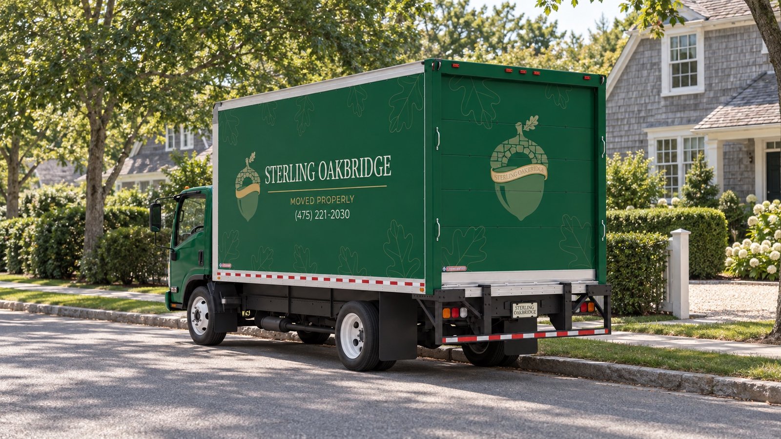 Green Sterling Oakbridge box truck with a closed rear door beside a residential curb
