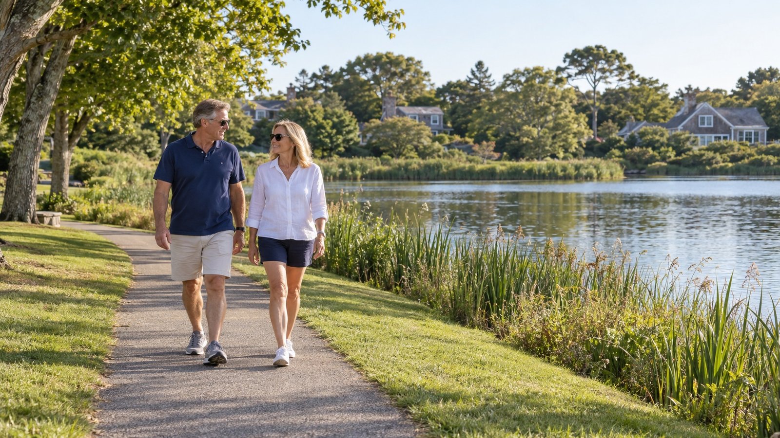 Two adults walking on a paved path beside calm water, reeds and trees
