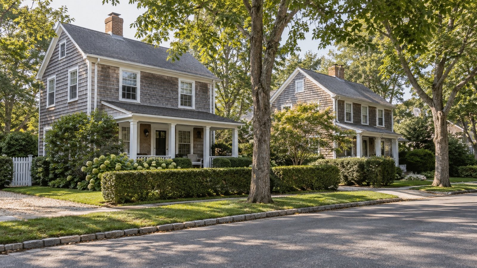 Porched gray shingle houses behind low hedges and mature trees beside a level street