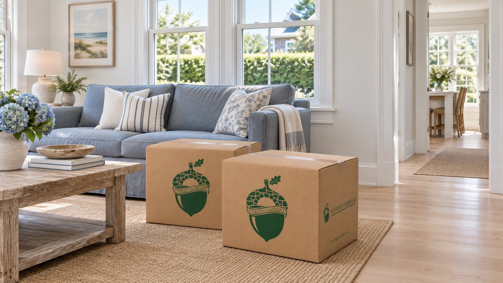 Two closed branded kraft cartons beside a blue-gray sofa in a bright living room