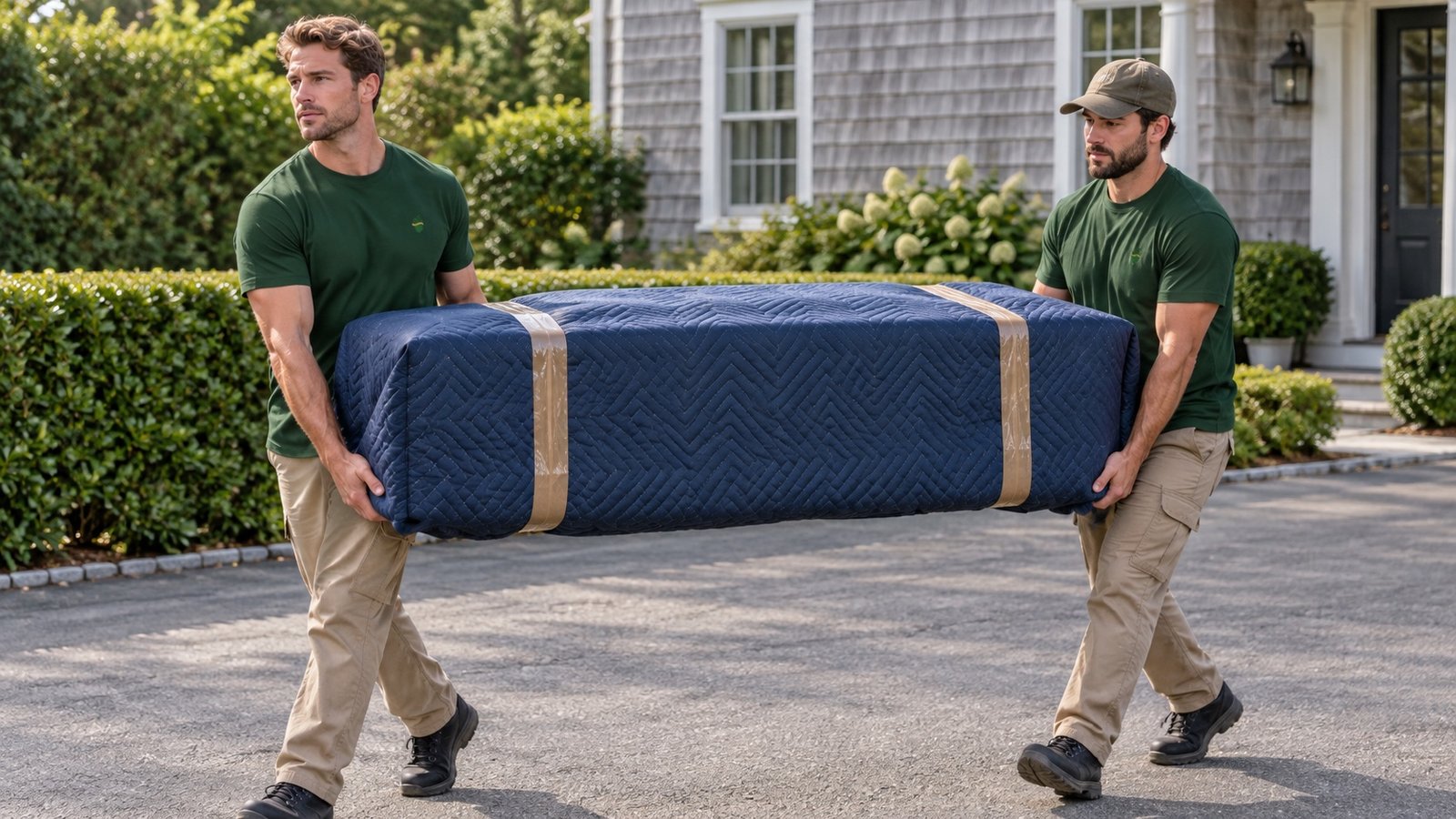 Two movers carrying a rectangular item fully covered by a dark blanket secured with brown tape