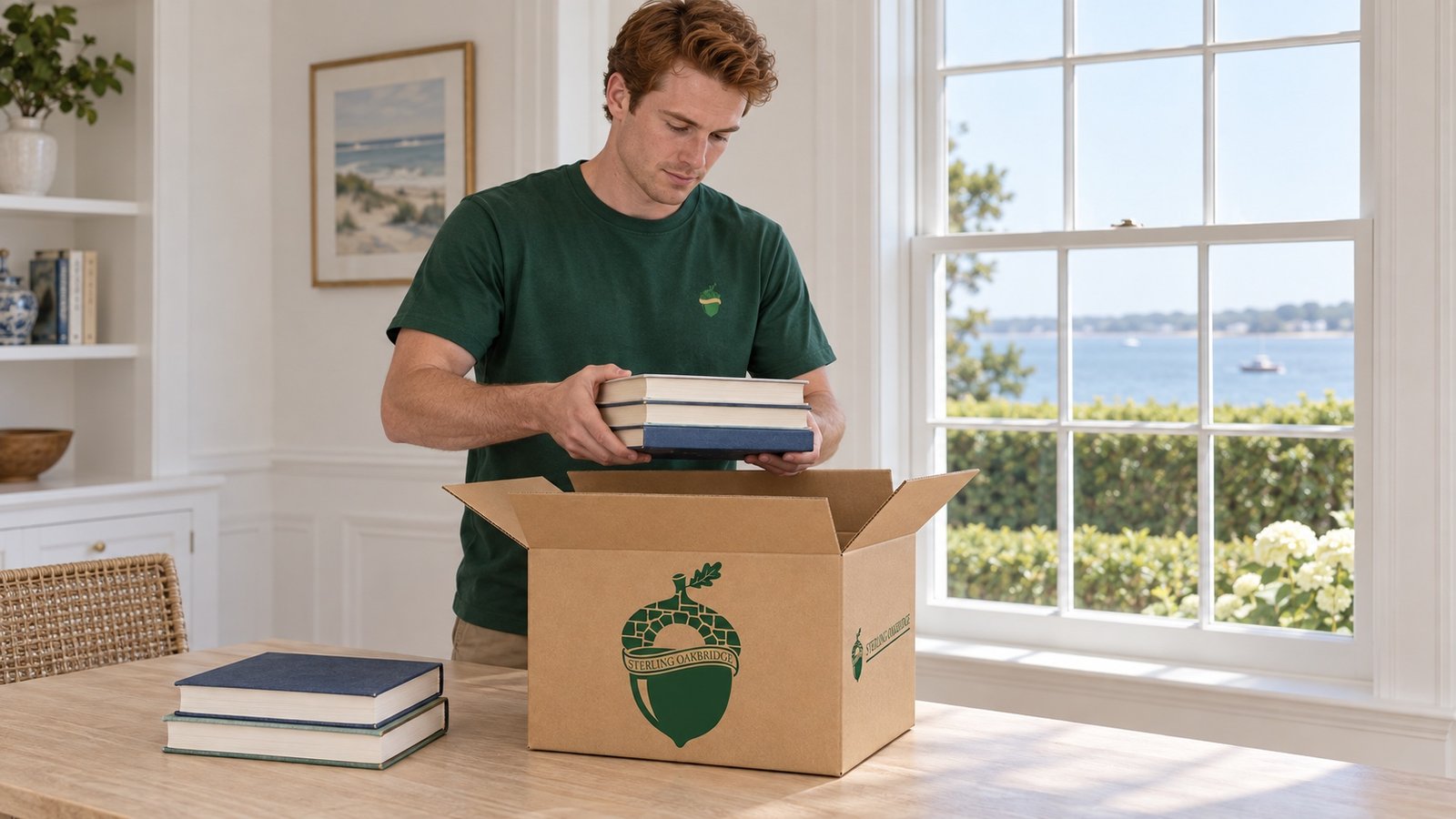 Mover in a dark green crewneck supporting three books above a compact branded kraft carton