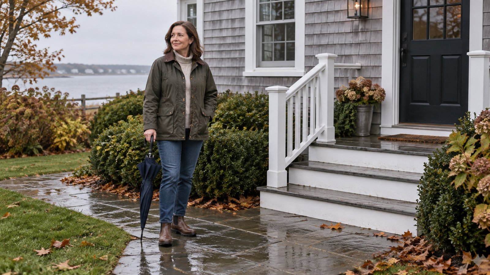 Resident holding a closed umbrella beside wet porch steps and a paved path