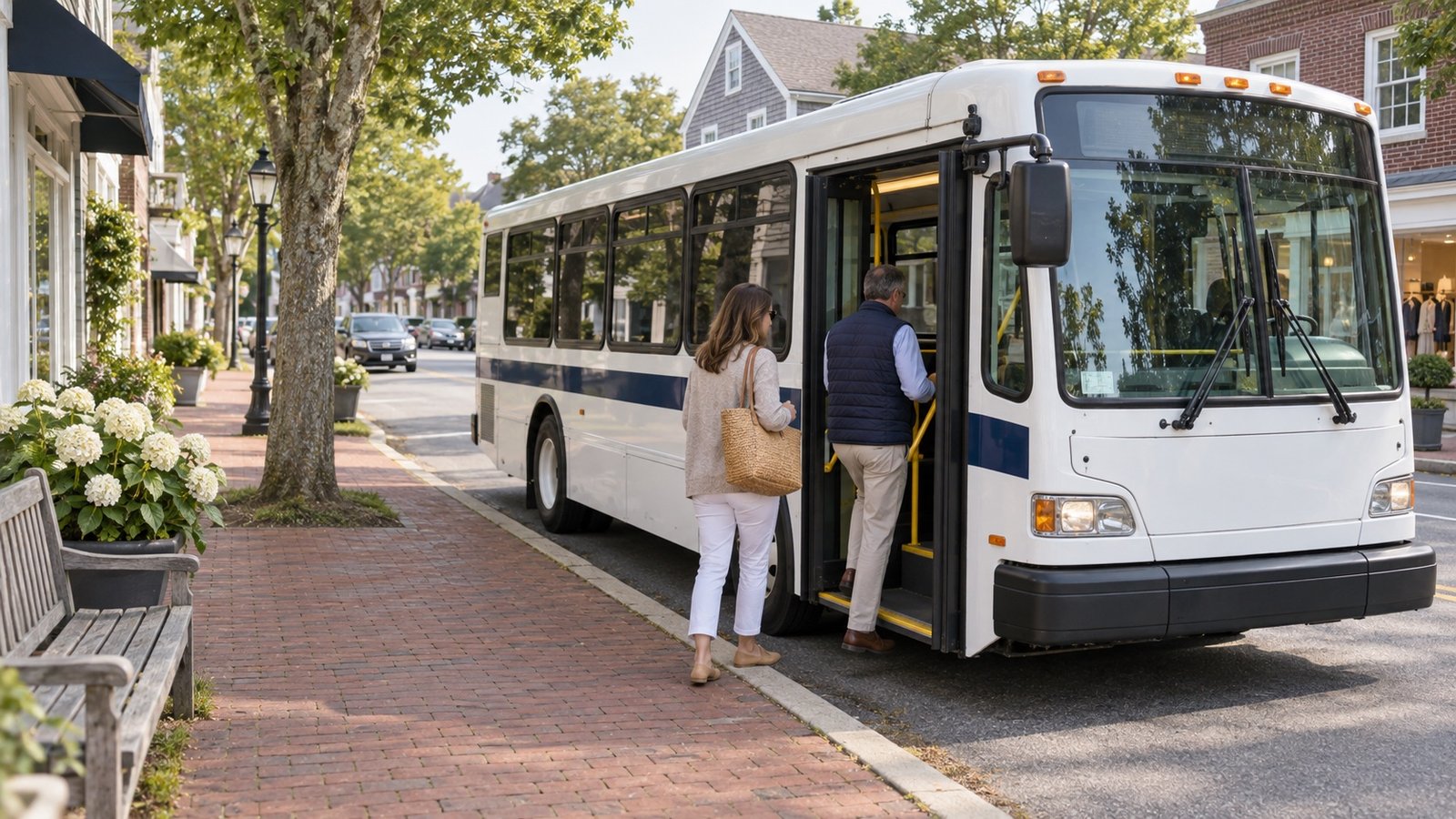Two adults beside the curb-facing passenger door of a white and navy bus