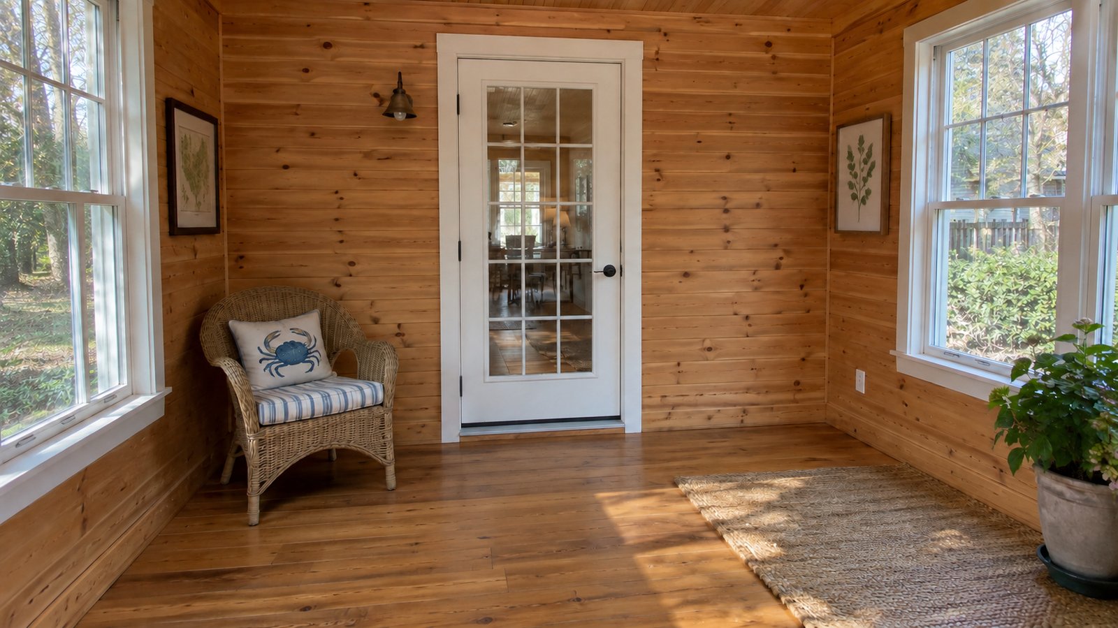 A clear sheltered approach Wood-paneled sunroom with a closed glass door, a wicker chair and botanical wall pictures.