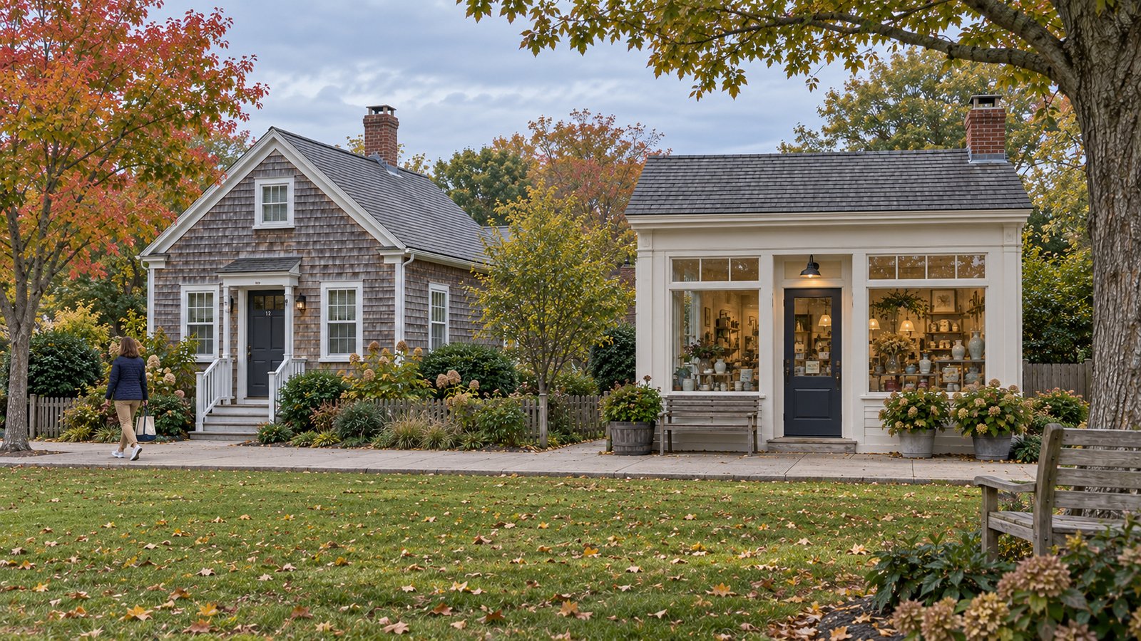 Getting to know the village center Woman carrying a tote past a shingled cottage and a small storefront beneath autumn trees.