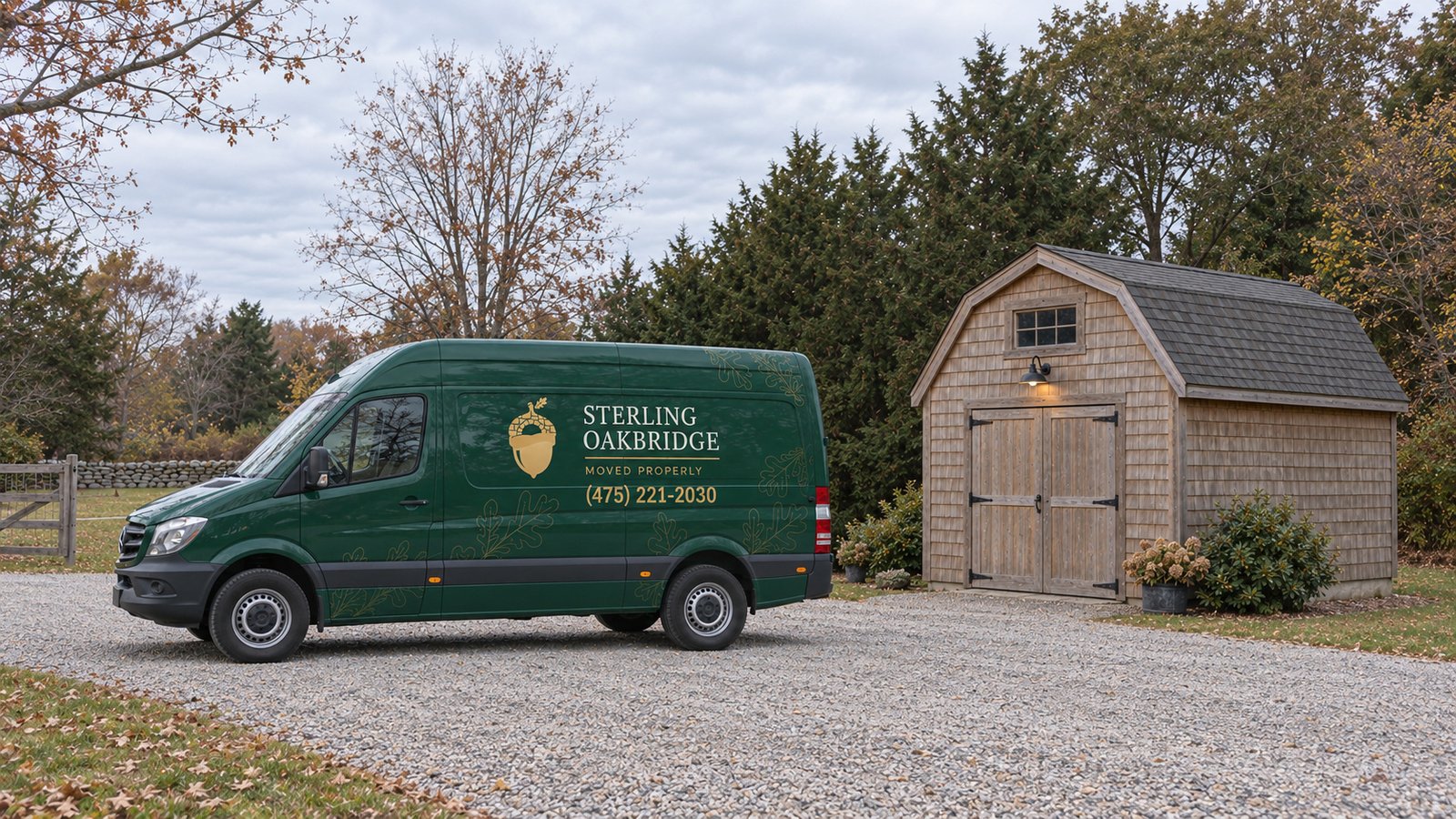 Private vehicle standing space Green Sterling Oakbridge Sprinter parked on gravel beside a cedar shed.