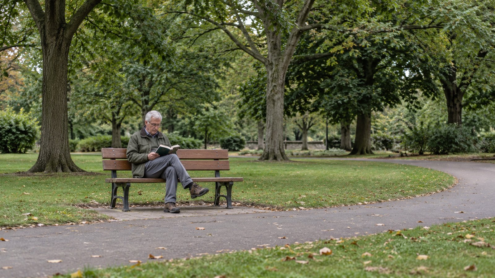 A quiet break outdoors Older man reading a book on a wooden park bench beside a paved path.