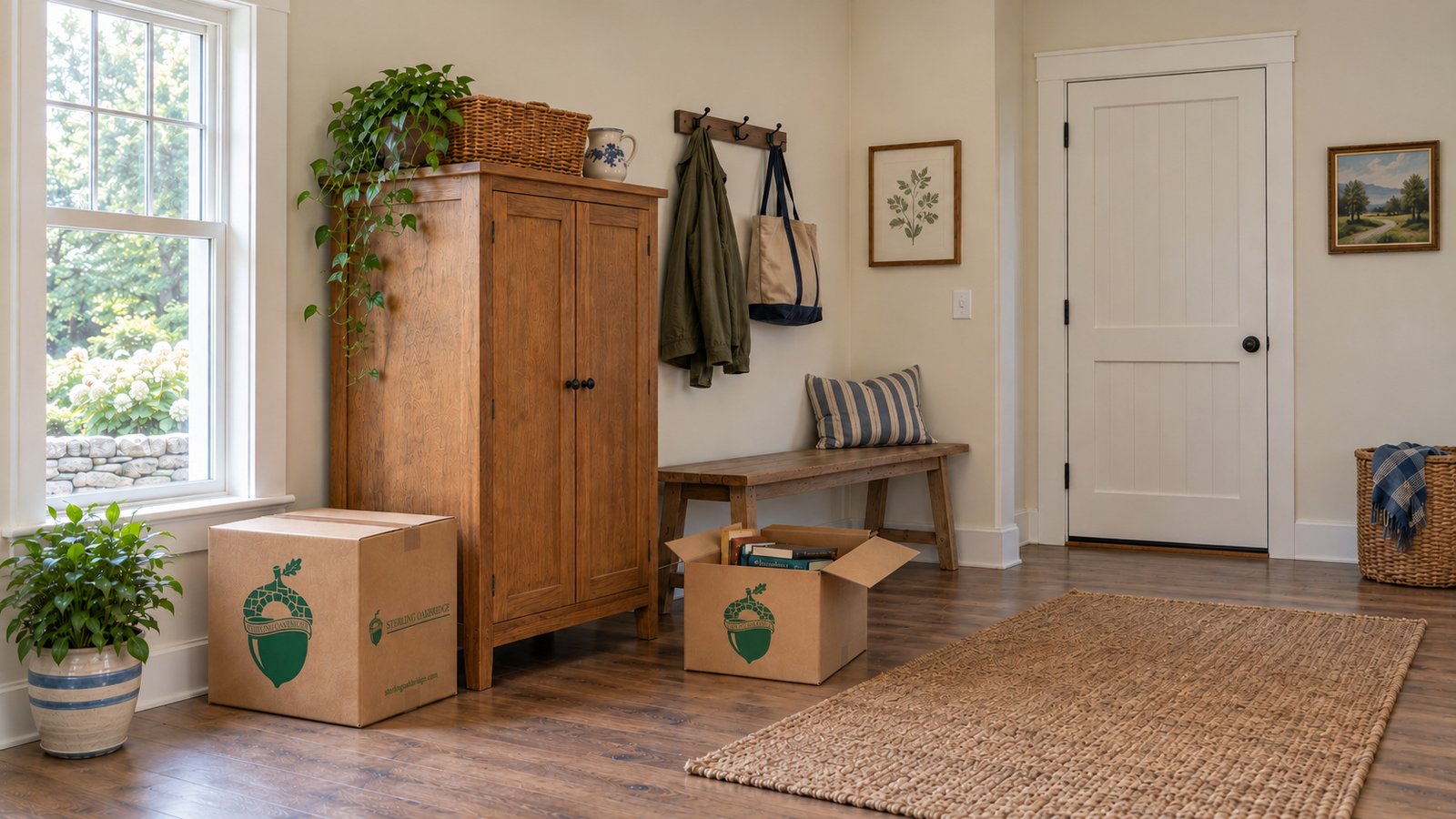 Unpacking by room and purpose Closed linen cupboard, wooden bench and two kraft moving cartons beside an interior door and botanical picture.