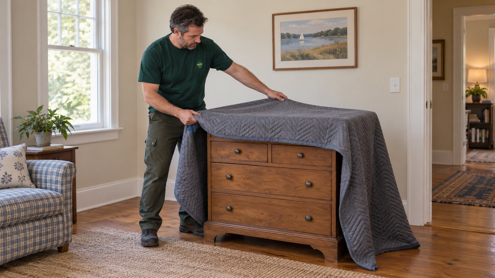 Protecting a wooden chest Male mover draping a gray quilted moving blanket over a wooden chest of drawers.