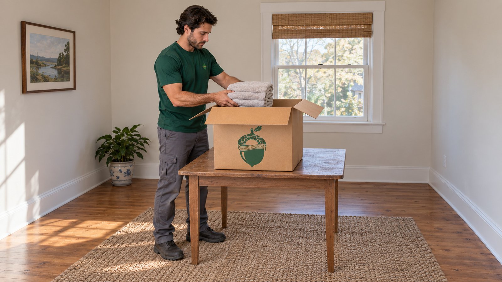 Packing household linens Male mover holding folded towels above an open kraft carton on a wooden table.