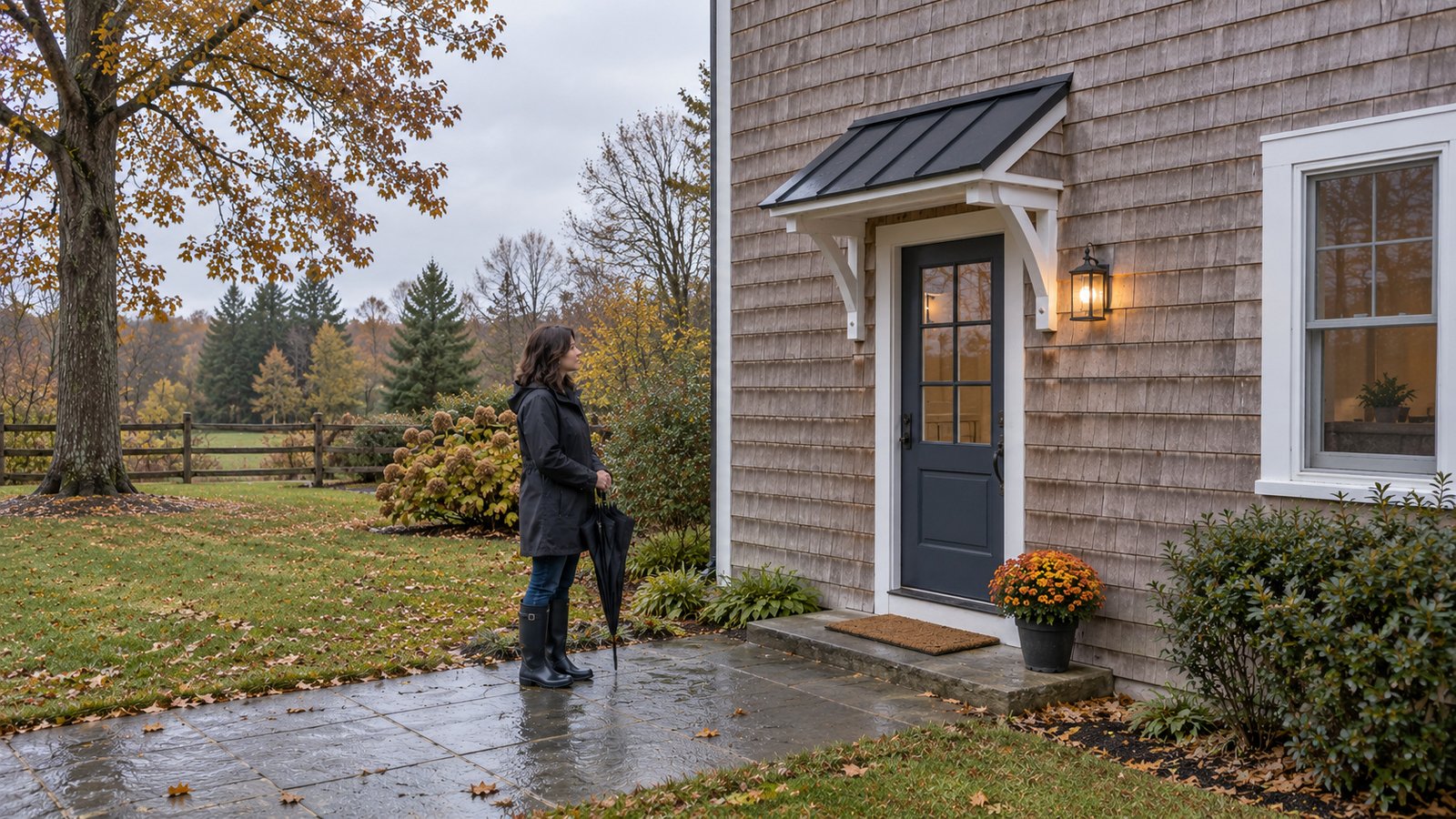 Checking a wet-weather entrance Woman in a dark raincoat and boots holding a folded umbrella beside a closed cottage door.