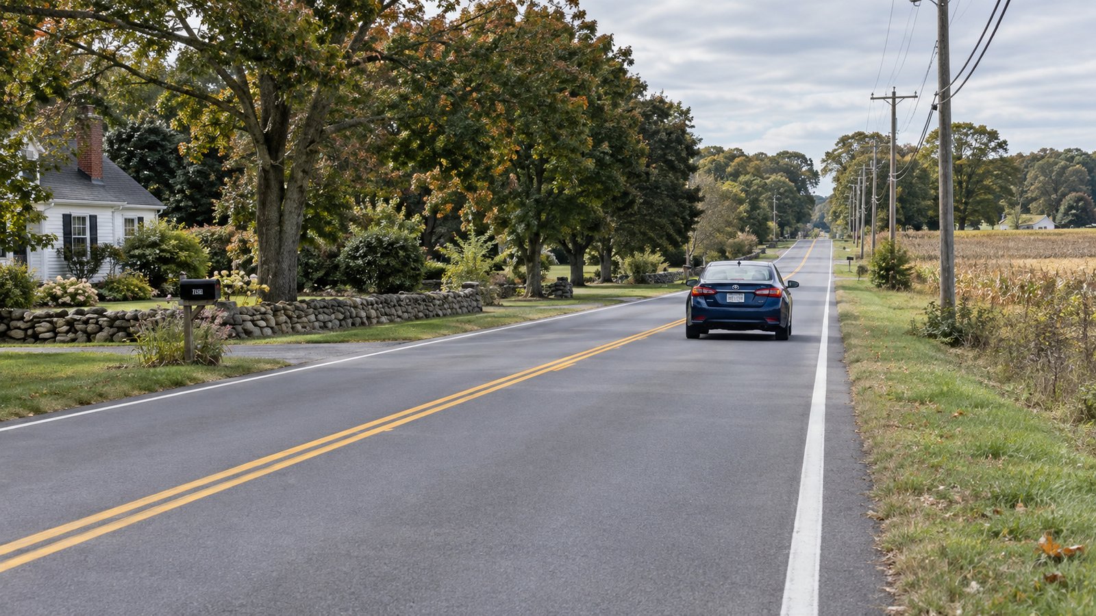 Planning everyday trips Blue sedan driving away in the right lane of a rural road beside trees and a field.