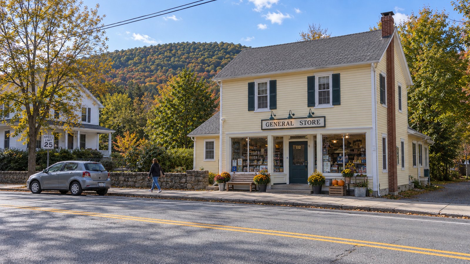 A pale two-story village shop, a whole parked gray car and a pedestrian on a connected sidewalk.