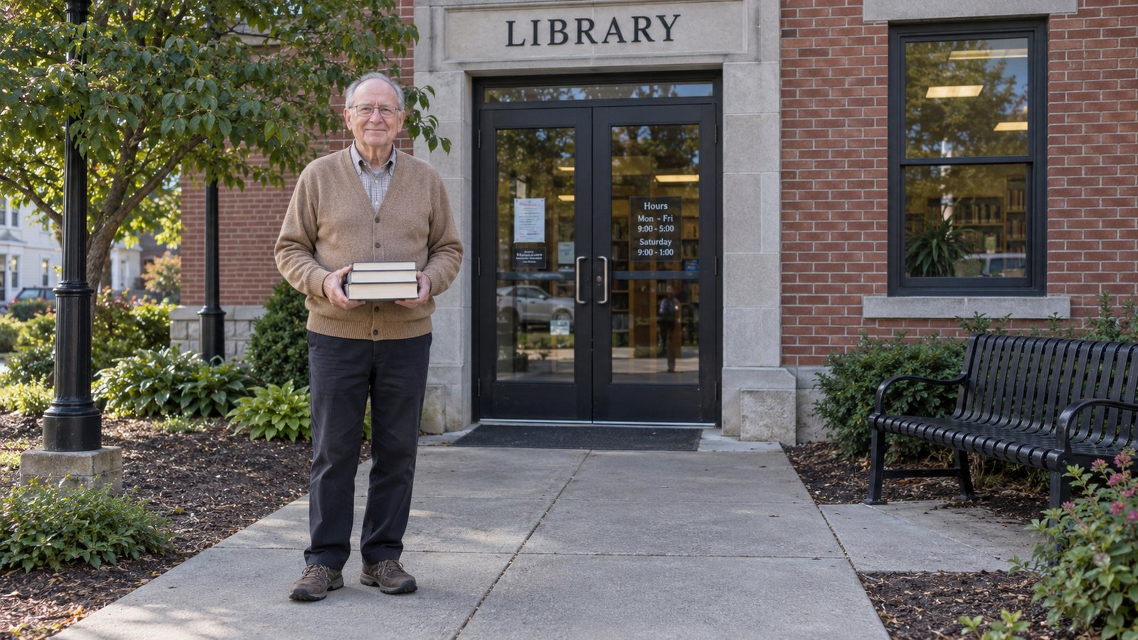 An older man holding three closed books beside a complete brick-library entrance.