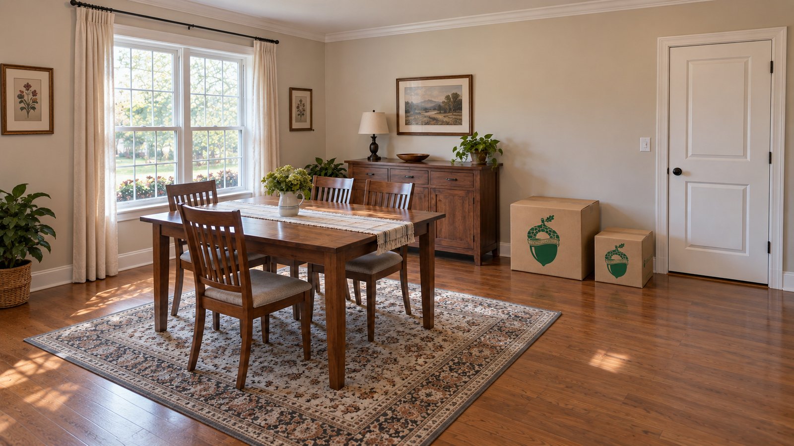 A dining room with a complete wooden table, four chairs and two separate closed branded kraft cartons beside the wall.