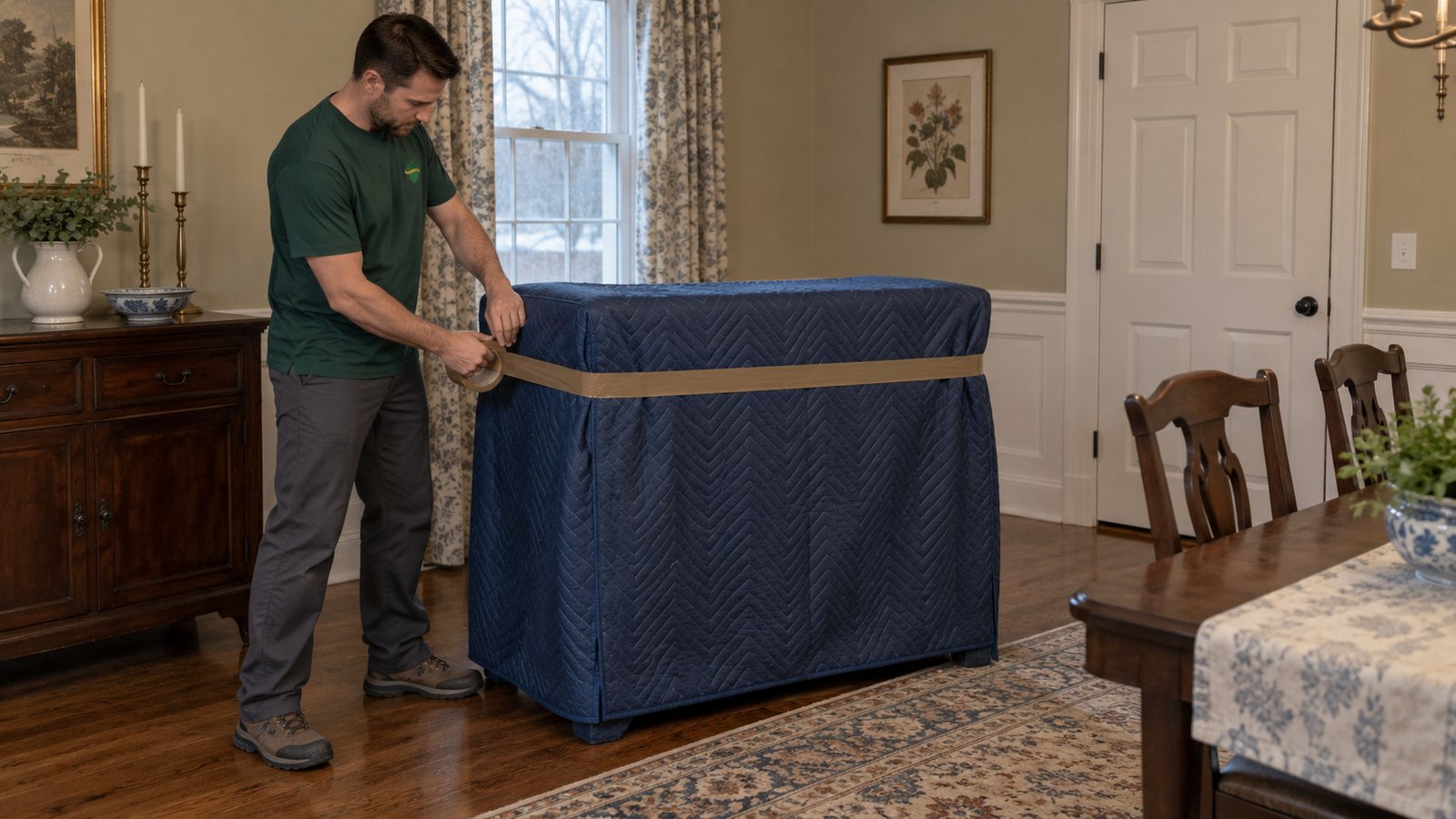 Protect the complete piece A male mover securing brown tape around a sideboard fully covered by a dark blue quilted blanket.