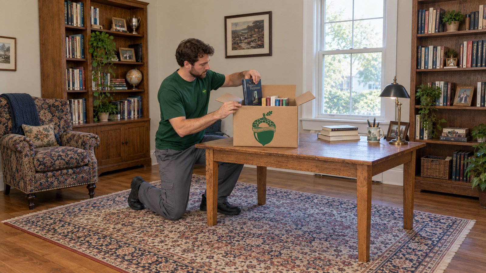 Pack books in a suitable small carton A male packer in a green shirt placing one book into a small open kraft Book carton on a low wooden table.