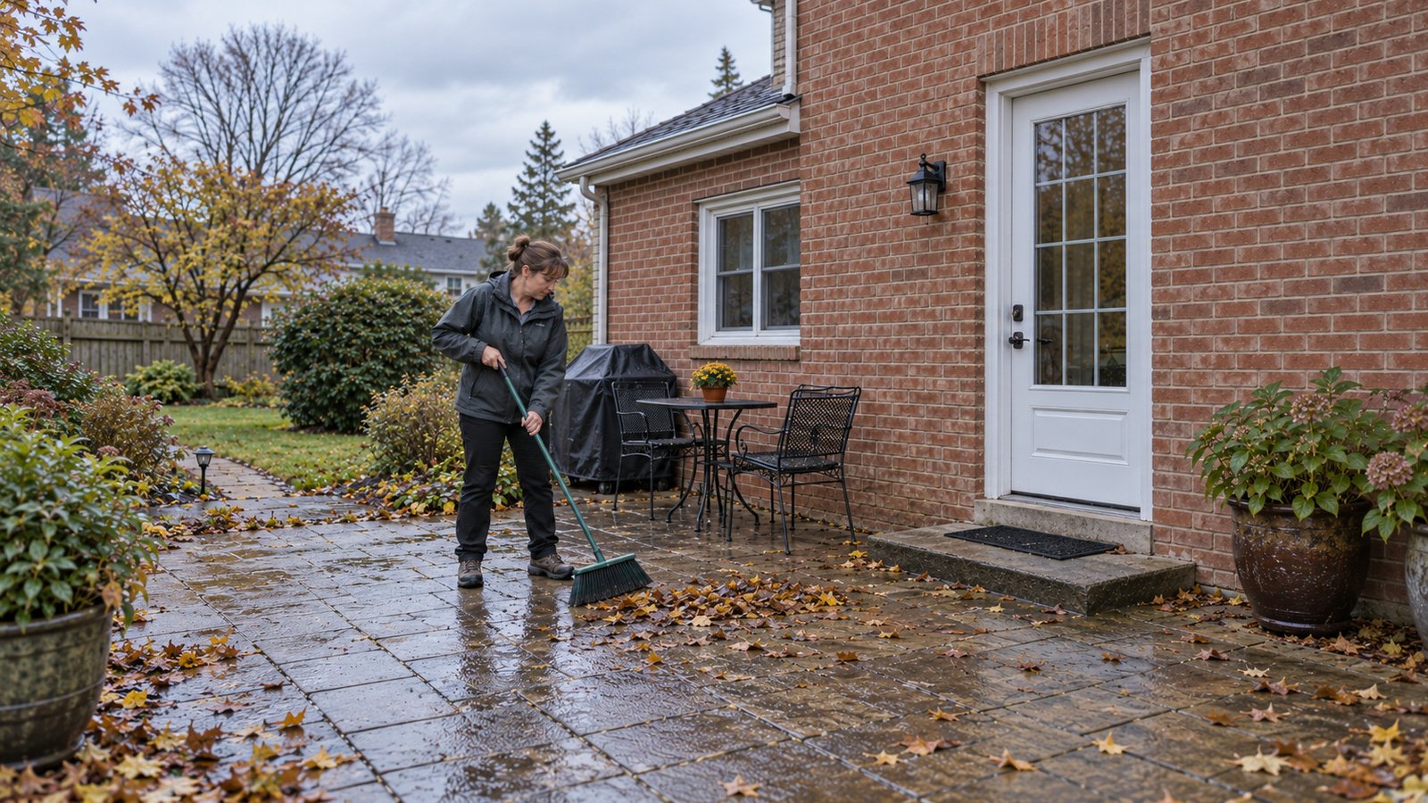 A woman sweeping damp leaves with a long-handled broom on a patio beside a complete closed brick-home back door.
