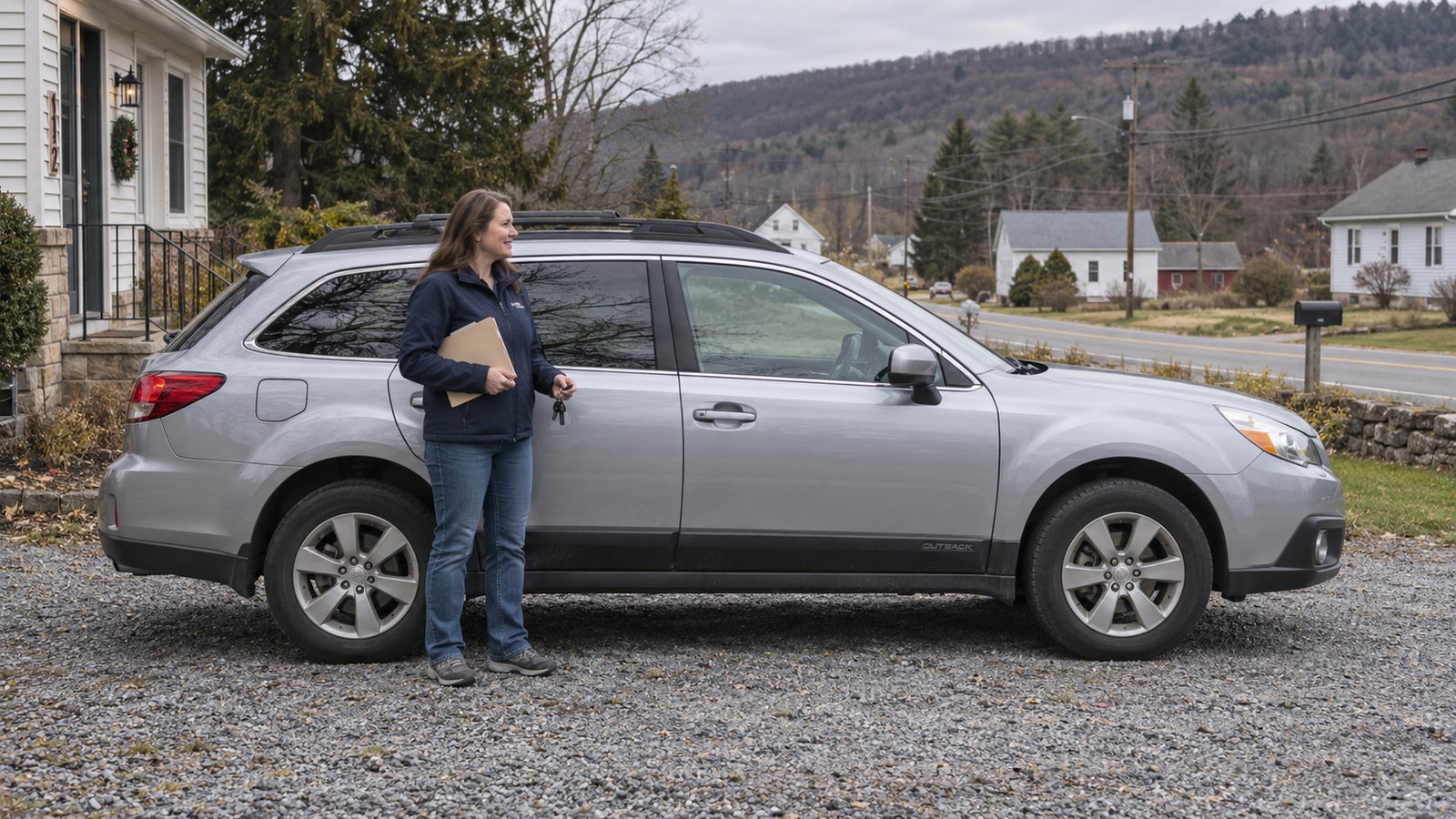 A woman holding a folder and keys beside a complete closed silver station wagon on a gravel drive.