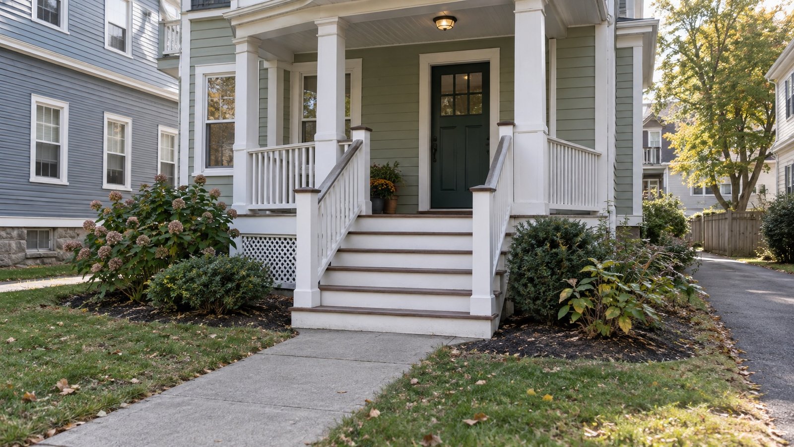 Wooden steps with handrails leading from a paved walk to a sheltered porch