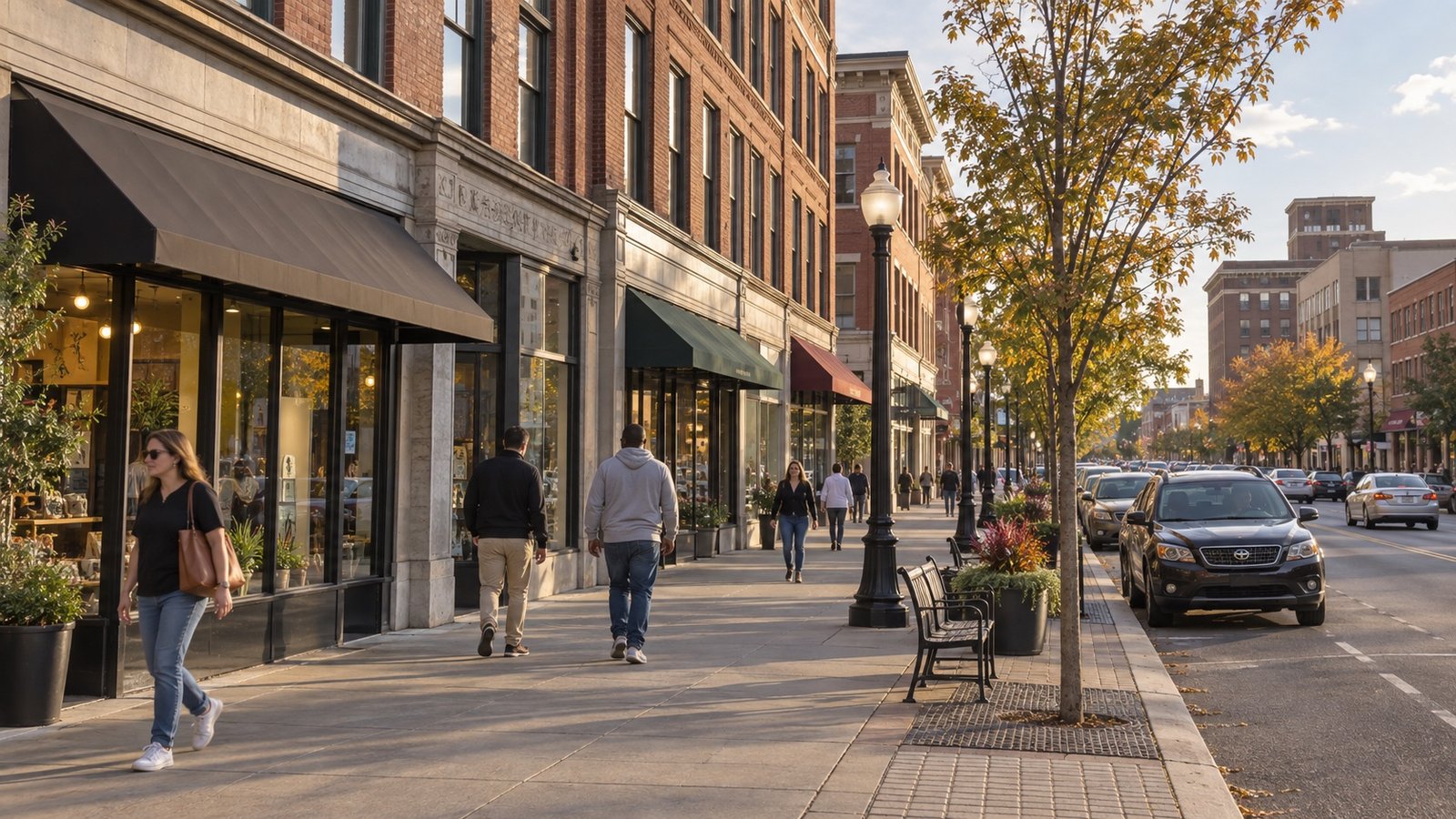 People walking along a broad sidewalk beside brick storefronts