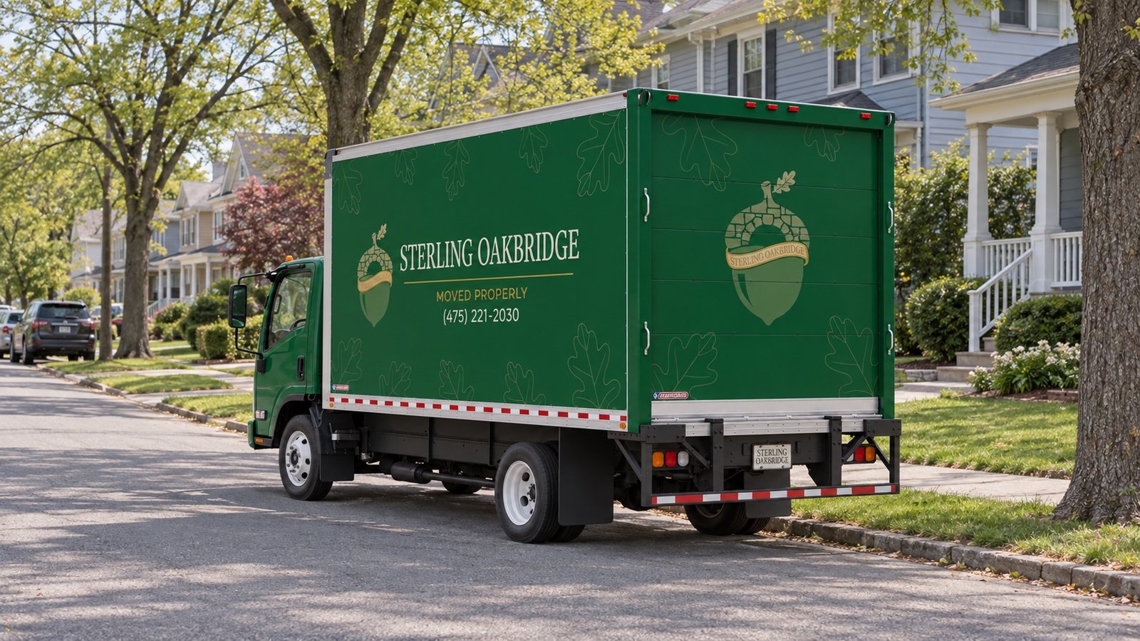 Green Sterling Oakbridge box truck parked beside a residential curb
