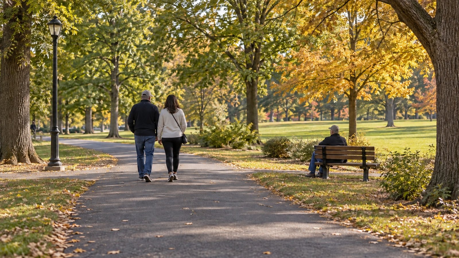Walkers on a paved park path and a person seated beneath autumn trees
