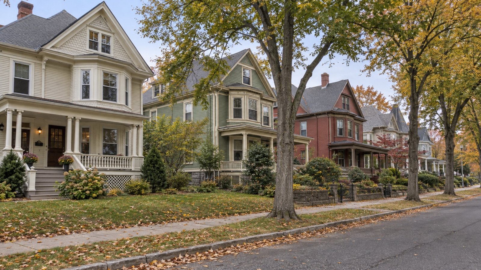 Older gabled houses, porches and mature trees along a residential sidewalk