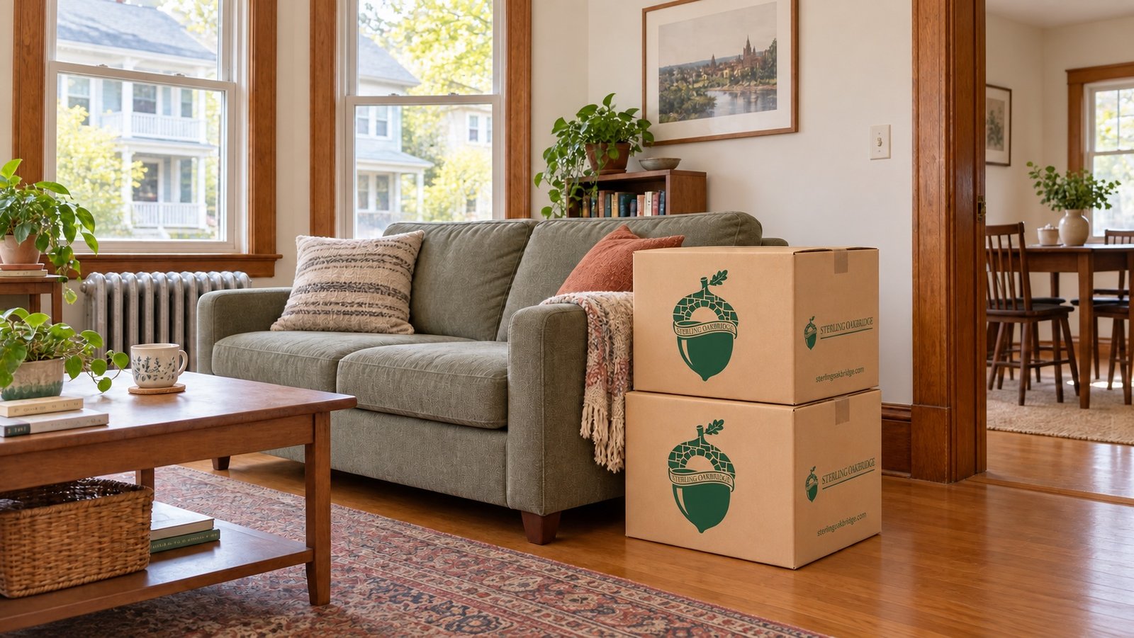 Two closed kraft cartons beside a sofa in a room with tall windows and a radiator
