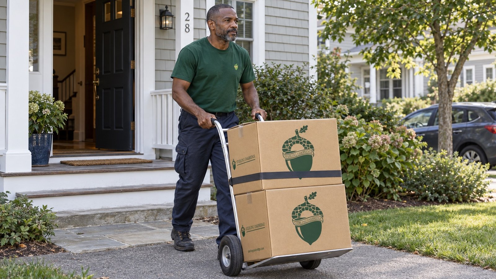 Mover rolling two branded kraft cartons on a hand truck along a clear house approach