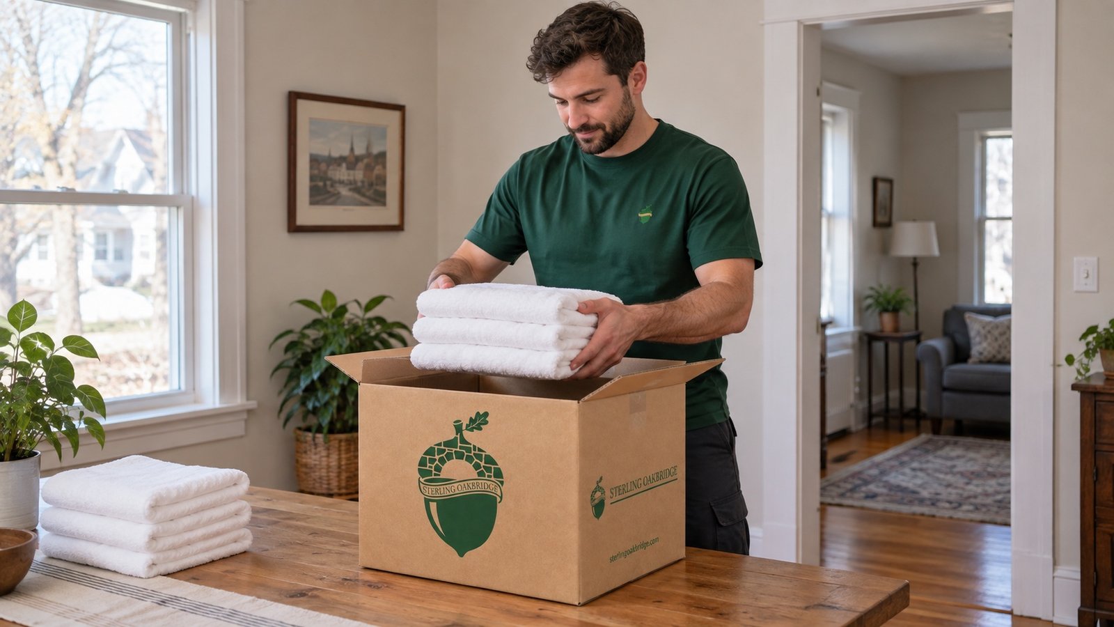 Mover lowering folded towels into an open kraft carton at a table