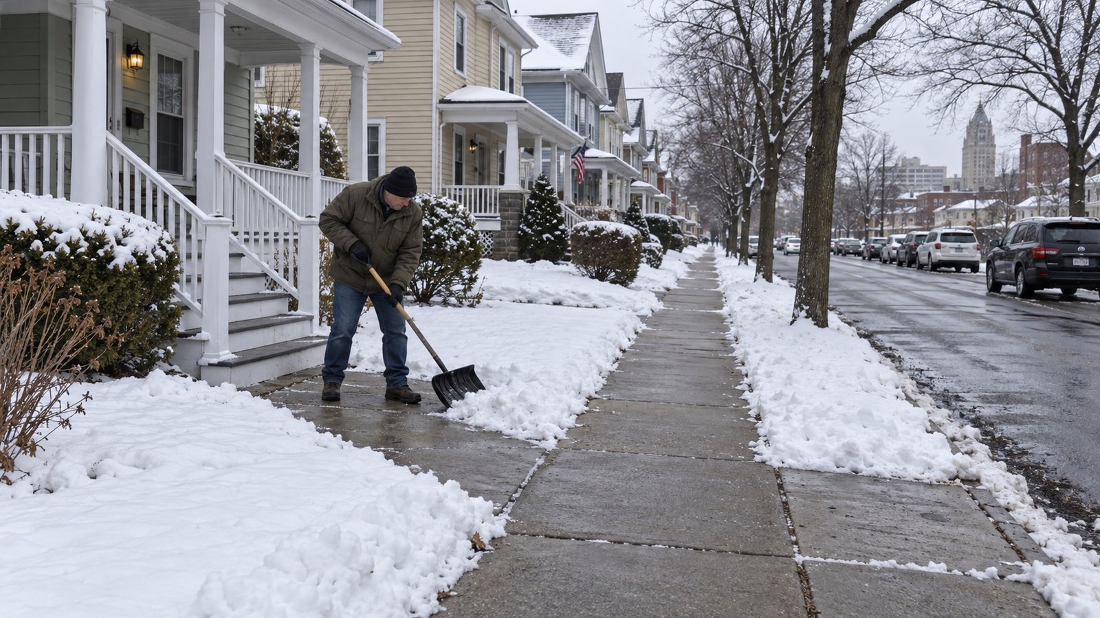 Resident shoveling snow beside a cleared walk and porch steps