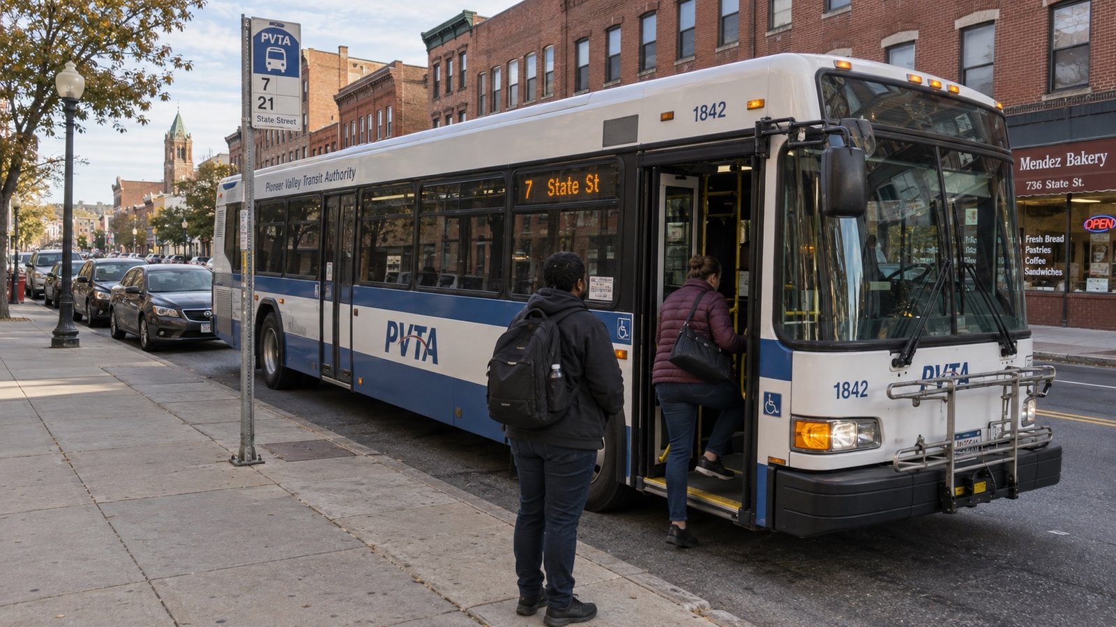 Transit bus facing the same direction as curbside cars while a passenger boards from the sidewalk