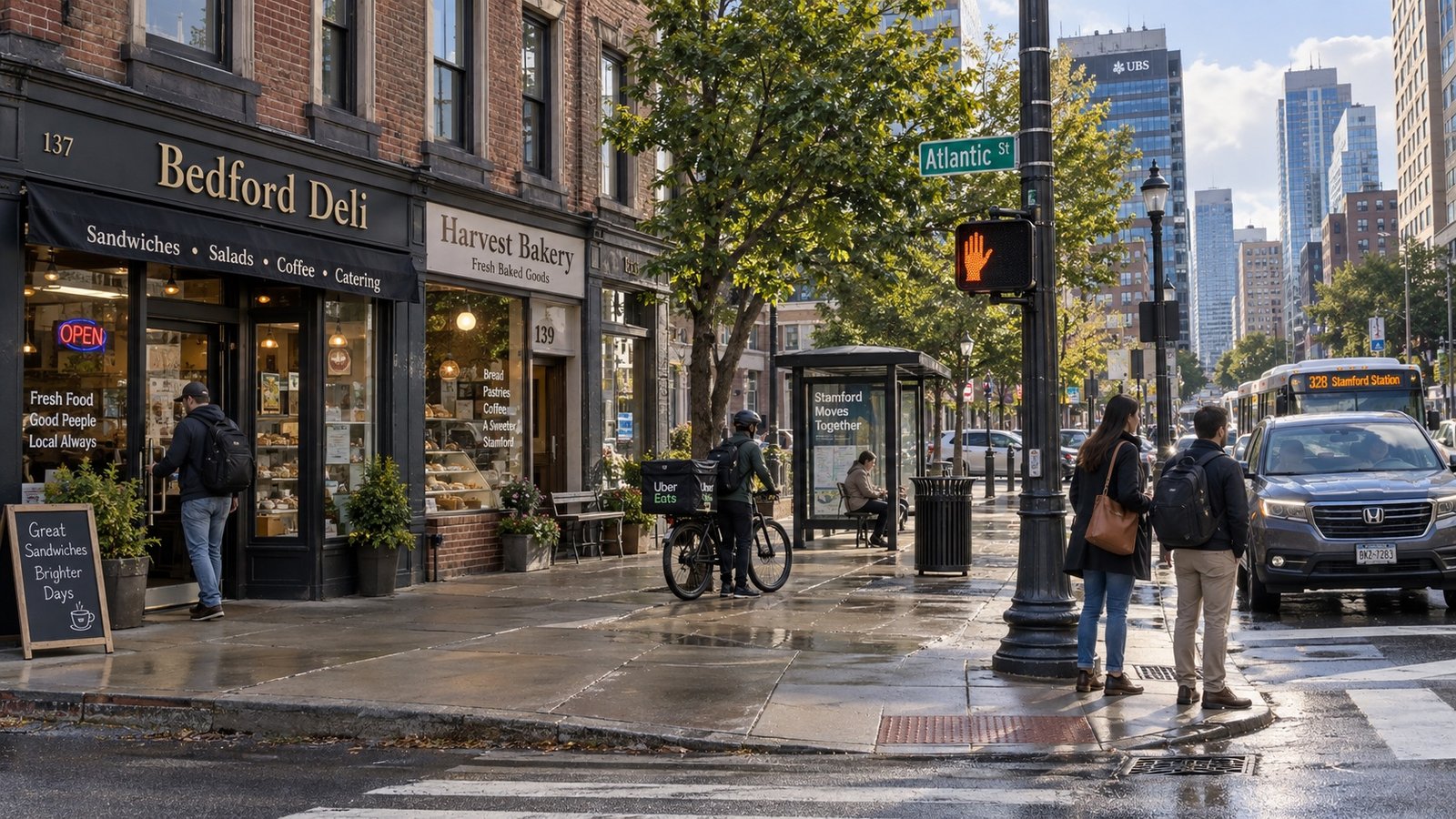 A downtown street corner with mid-rise buildings, a small shopfront and distant pedestrians.