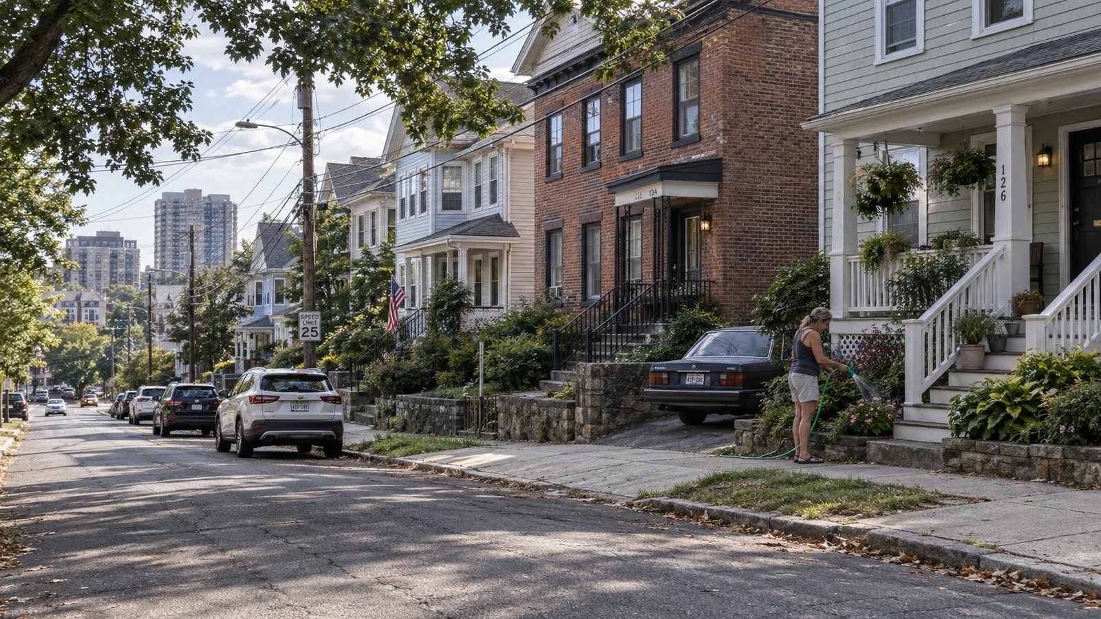 A residential street of older wood-frame multi-family homes with porches and parked cars.