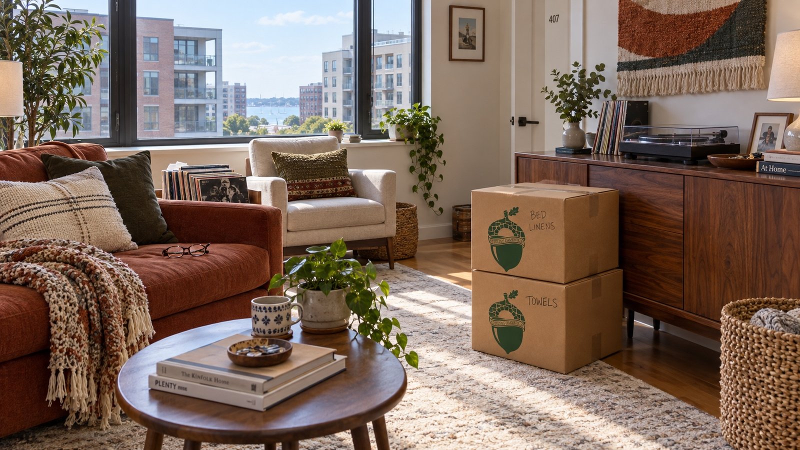A furnished contemporary apartment with a rust-colored sofa, records and two labeled Sterling Oakbridge linen cartons.