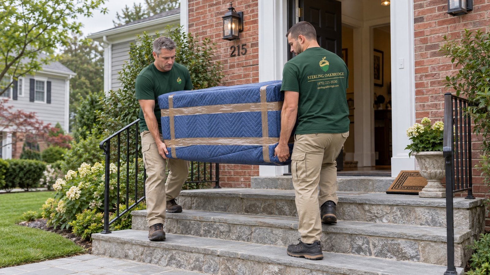 Two movers carrying a blanket-protected chest of drawers down broad stone entry steps.