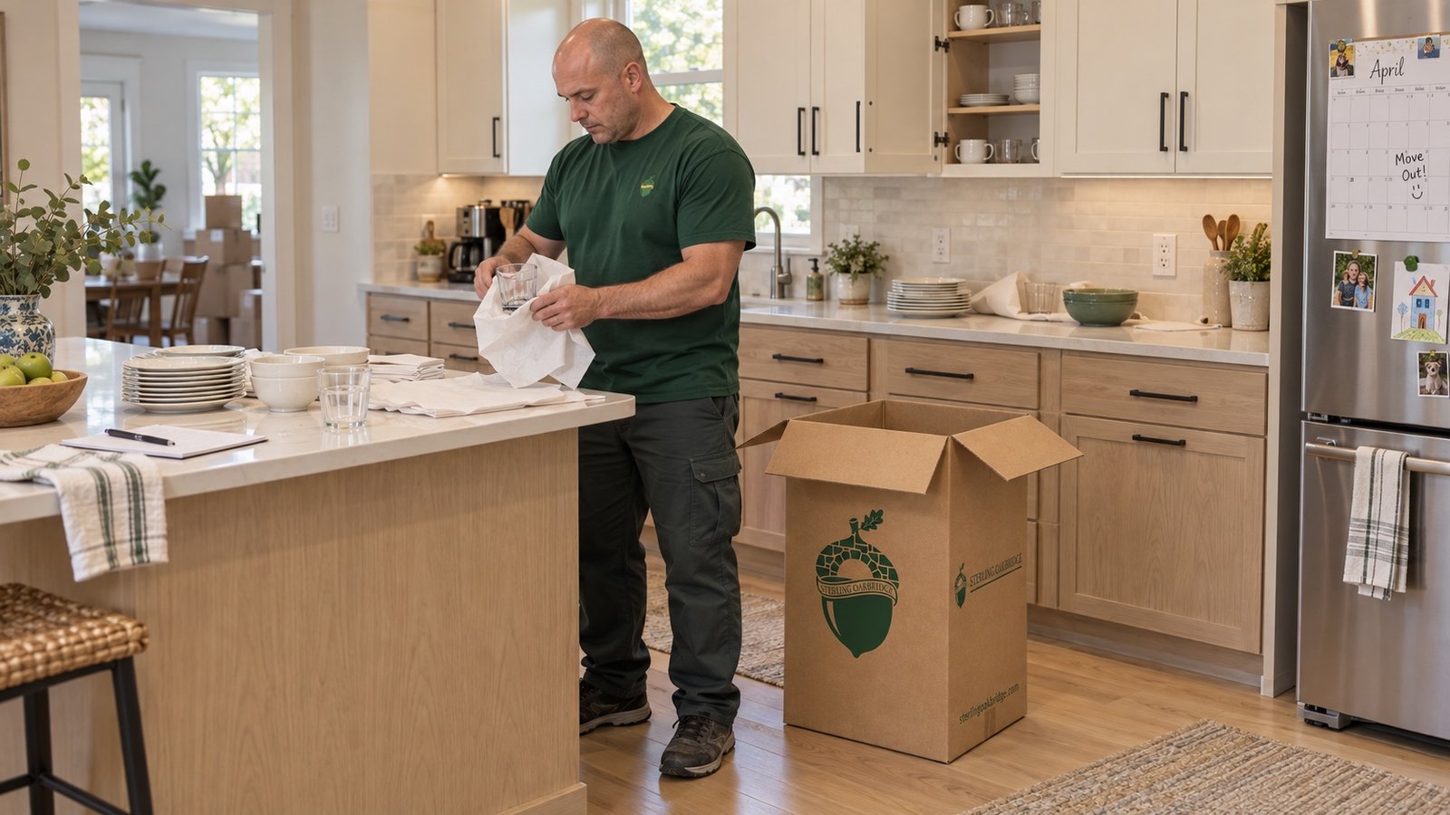 A mover wrapping a glass beside a Sterling Oakbridge China carton in an updated Stamford kitchen.