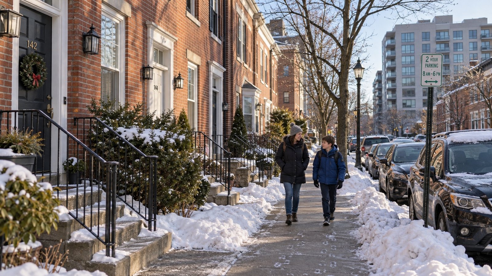 A residential street after snowfall with plowed snow along the curb and a cleared sidewalk.