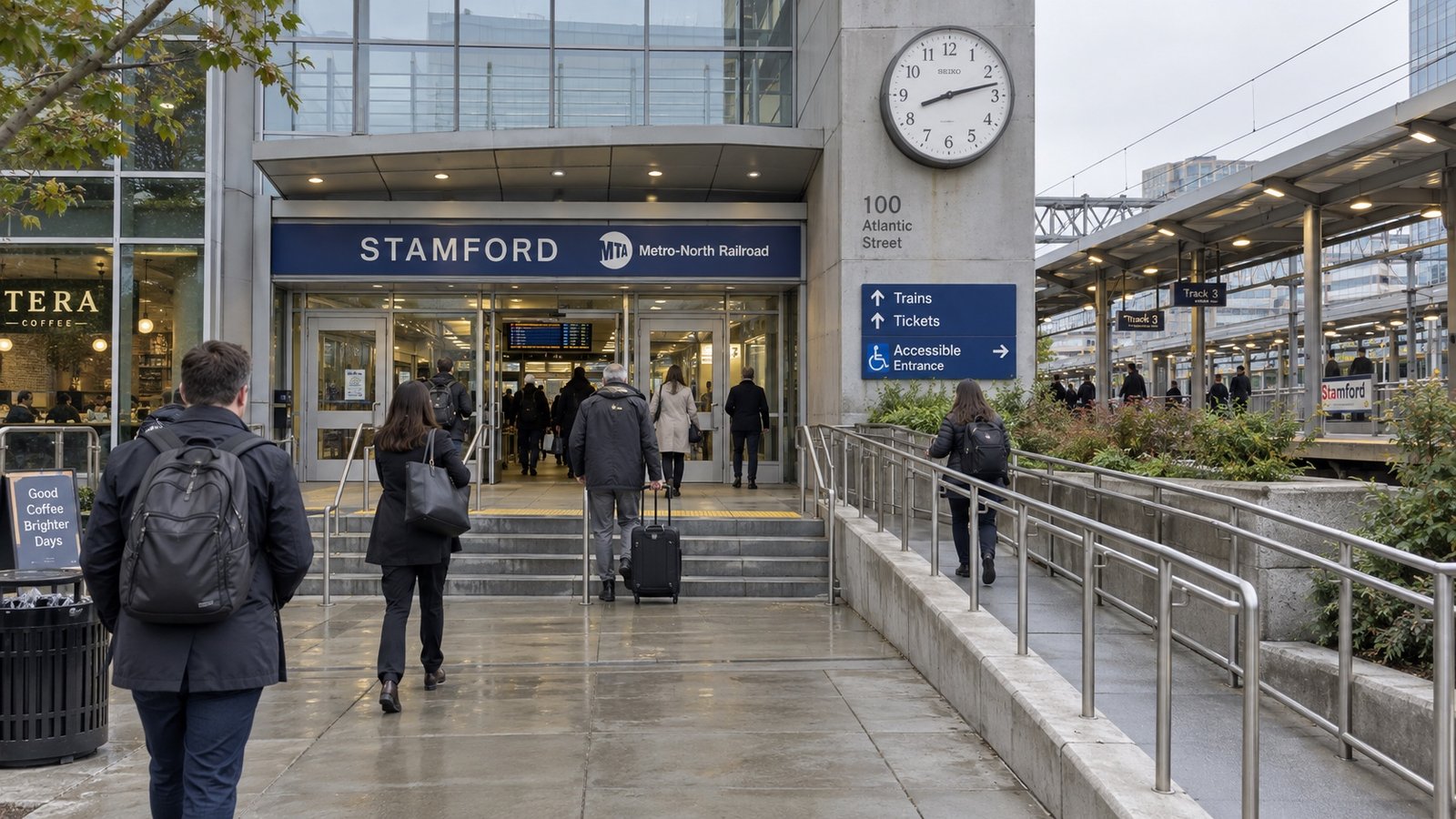 A commuter rail station entrance with a clock, platform canopy and a few distant travelers.