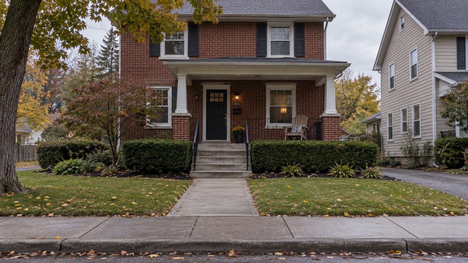 Front walk and concrete porch steps leading to a brick house