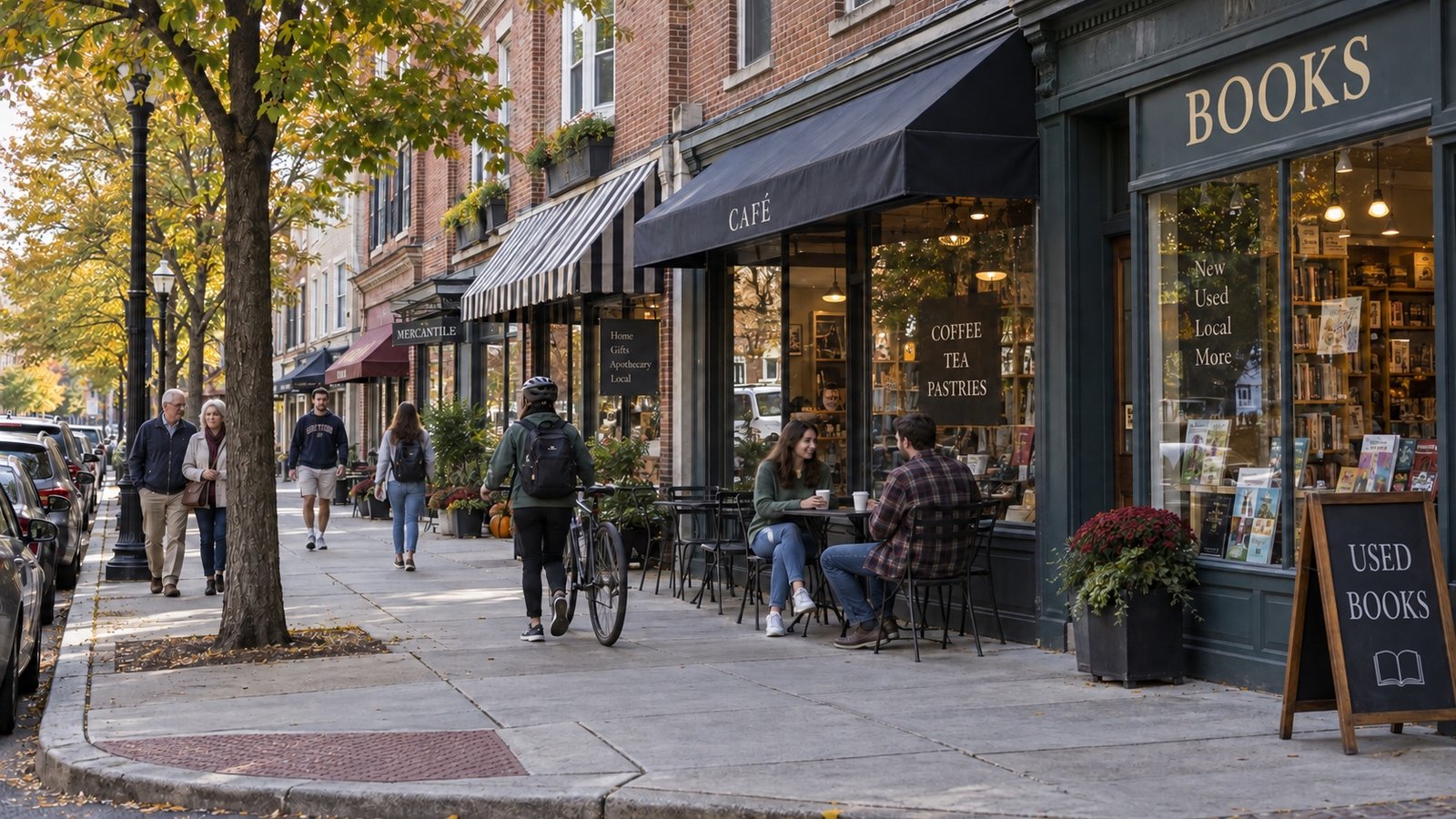 People walking and sitting outside brick storefronts on a tree-lined sidewalk