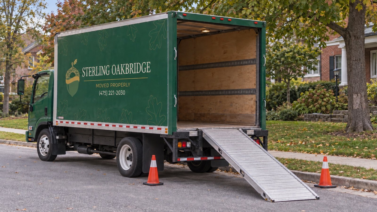 Green Sterling Oakbridge truck with an open rear and a ramp reaching the road