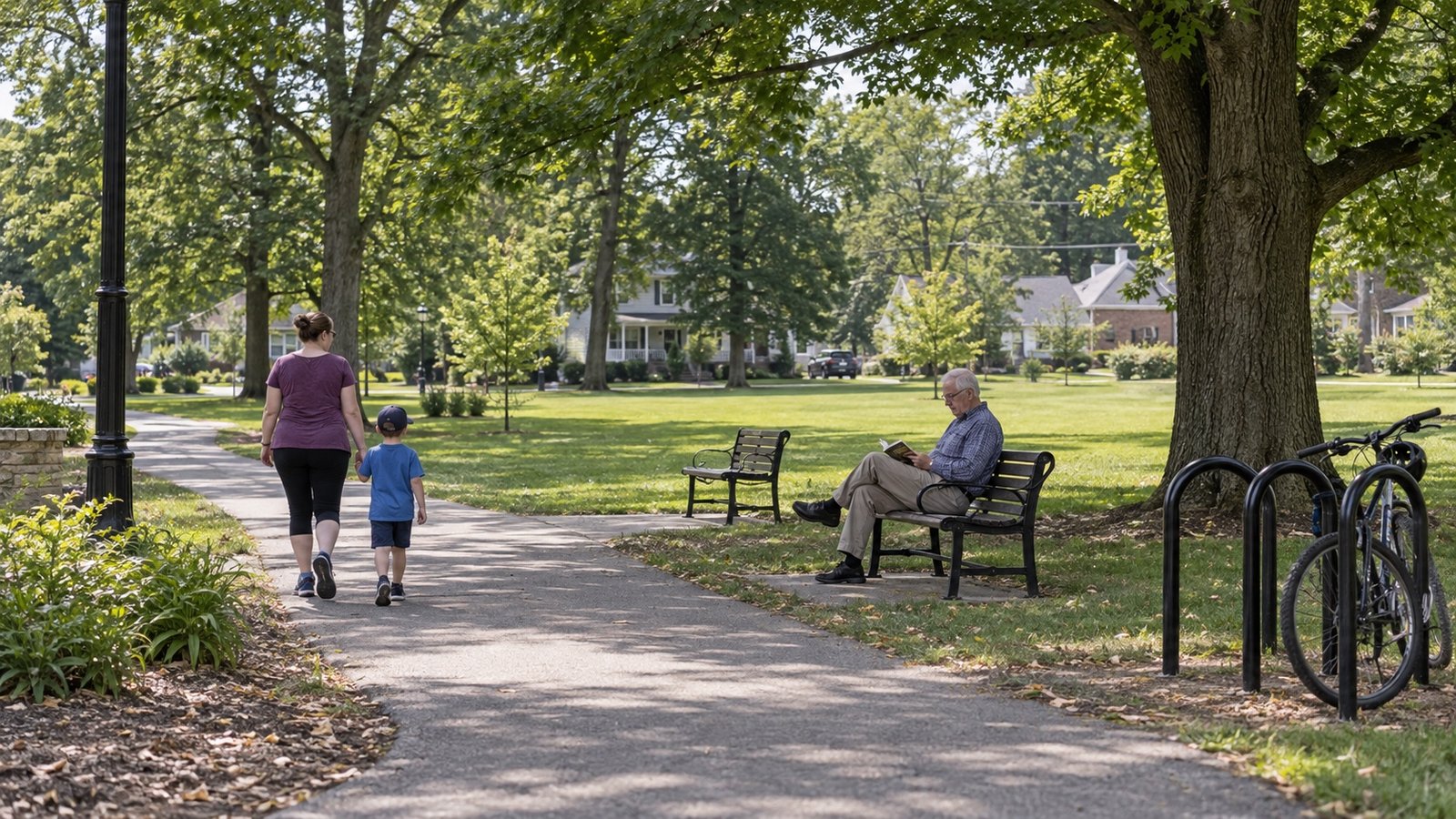 Neighbors walking and reading beside a path and benches in a leafy park
