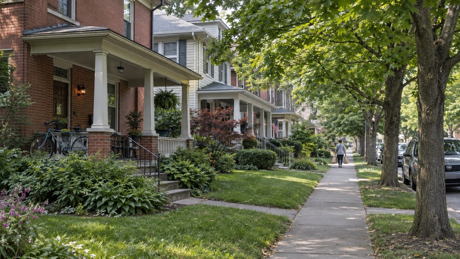 Leafy residential sidewalk beside brick and siding houses with porches