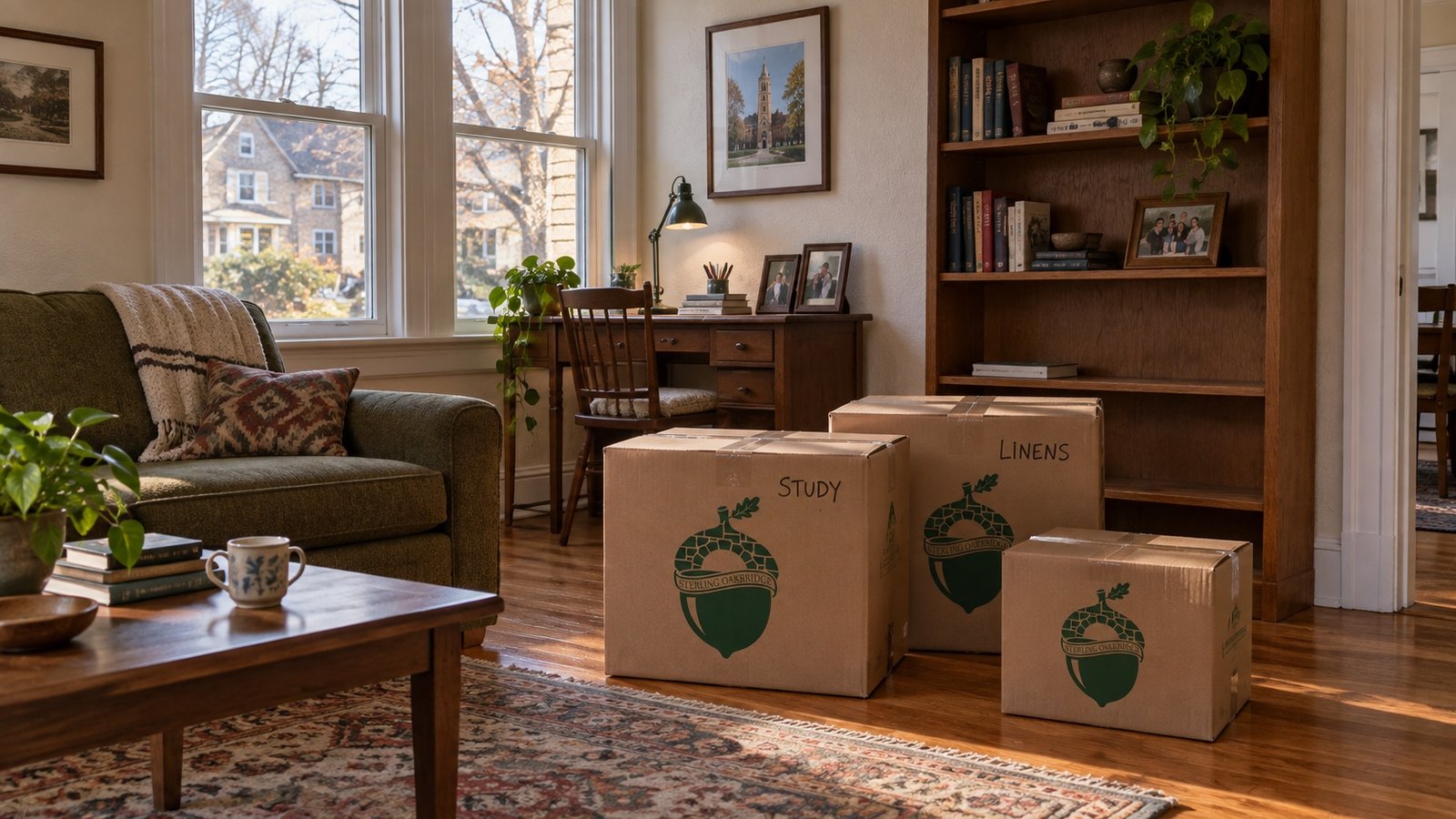 Branded moving cartons beside a bookcase in a furnished living room
