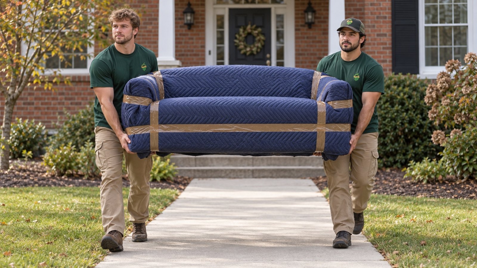 Two movers carrying a sofa covered with quilted blankets along a front walk