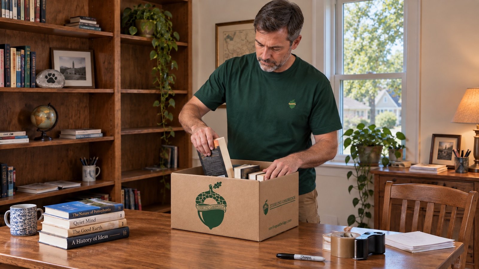 Mover packing books into a branded carton at a wooden table