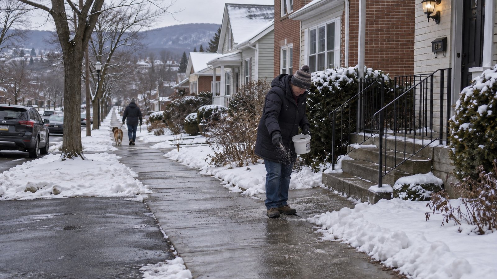 Resident spreading grit beside a cleared walkway on a snowy residential street